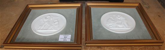 Classical relief plaques, framed.